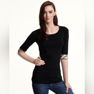 Burberry Scoop Neck Three Quarter Sleeve Tee with Check Cuffs